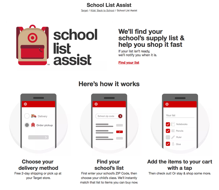 Screenshot of Target School List Assist page