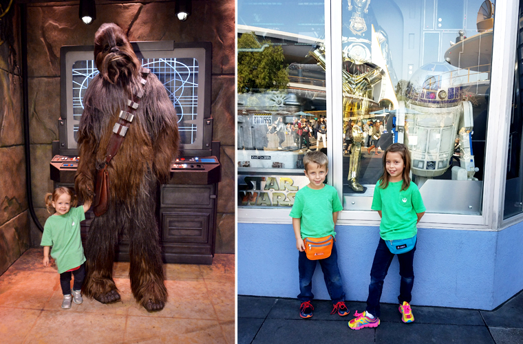 Kids in brightly colored tee shirts illustrating that one of the best Disneyland tips for families is to wear non-Disney colored clothes