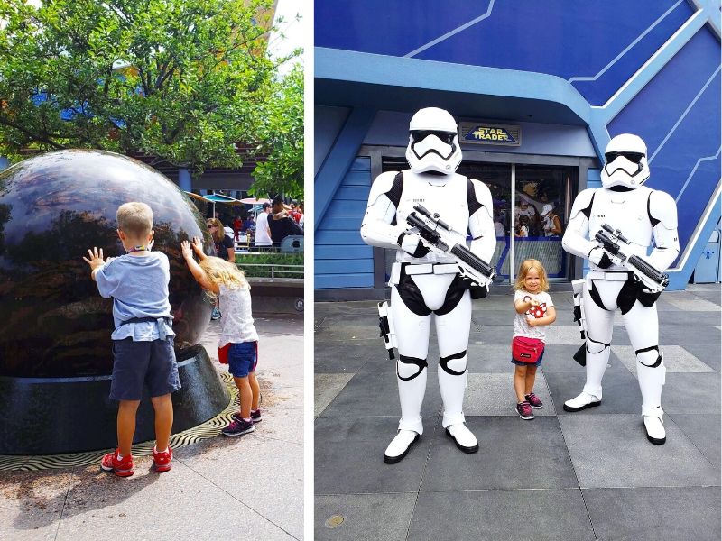 Kids playing and posing in Disneyland's Tomorrowland.