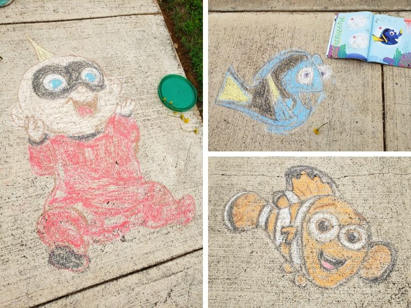 Chalk drawings of Disney Pixar characters