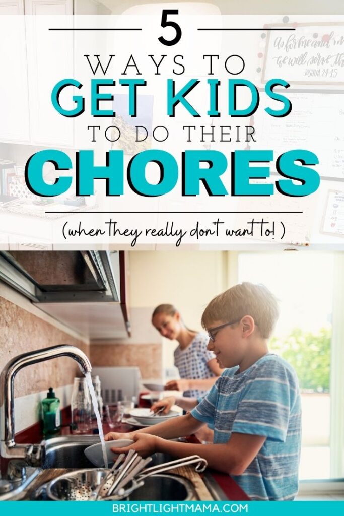 Boy washing dishes with the text 5 ways to get your kids to do chores when they really don't want to