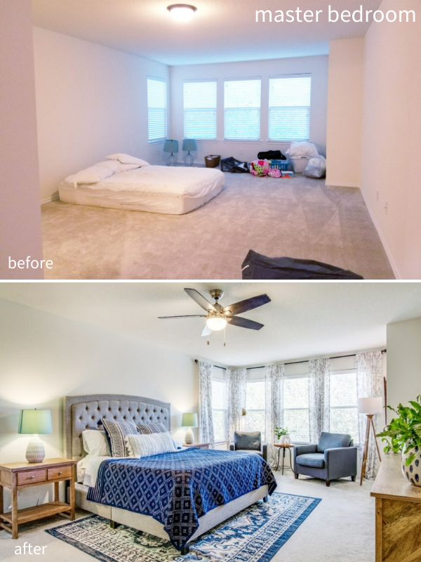 Cozy Minimalist Community before and after photo of master bedroom