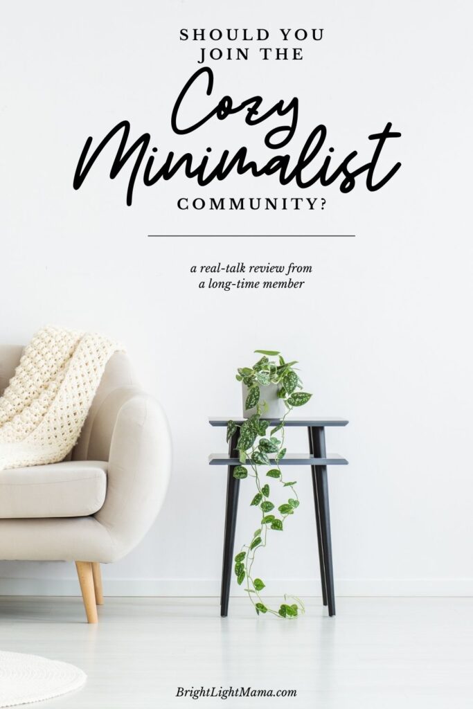 Text reading Should You Join the Cozy Minimalist Community over image of a sofa